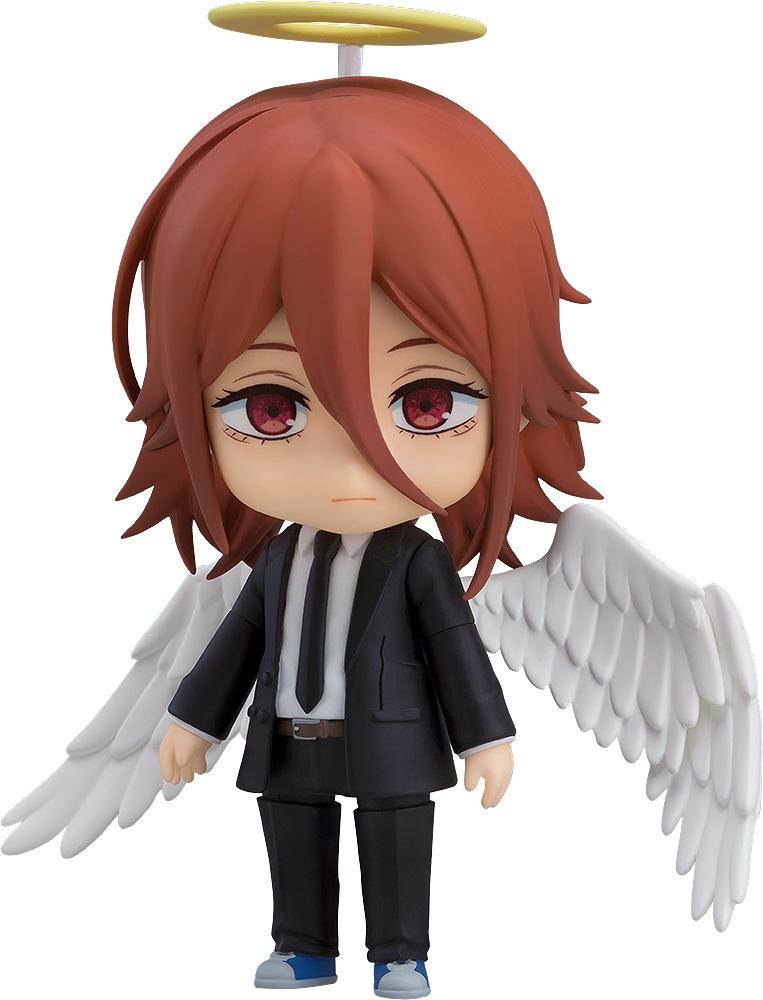 Cutout front view of the Chainsaw Man Angel Devil Nendoroid figure wearing a black suit with halo and white wings on a white background.
