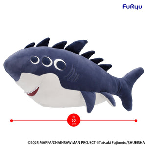 Side view of the FuRyu Chainsaw Man Beam Big Plush Toy in shark form with a 50 cm size measurement indicator graphic.