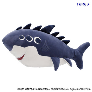 Side view of the Chainsaw Man - The Movie: Reze Arc Beam Big Plush Toy by FuRyu in shark form featuring dark blue plush fabric, white belly, and three eyes.