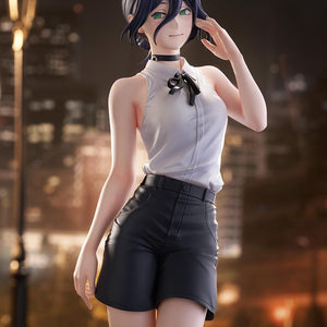Mid-shot of the FuRyu Reze figure framed against an atmospheric nighttime cityscape, emphasizing her expression and character charm.