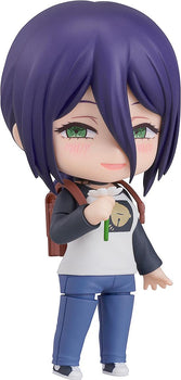 Close-up front view of the Reze casual outfit Nendoroid figure from Chainsaw Man holding a white flower against a plain white background.