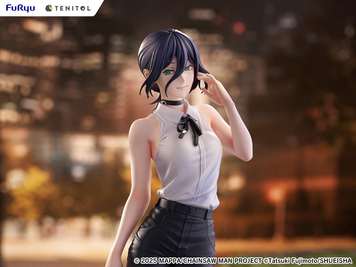 Wide cinematic mid-shot of the Reze anime figure set against a blurred urban street at night, capturing her wistful expression.