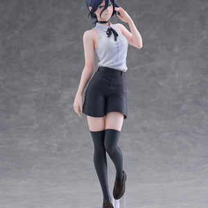 Studio front view of the 30cm Tenitol Tall Reze figure standing on a clear circular acrylic base, showing her signature pose touching her dark purple hair.