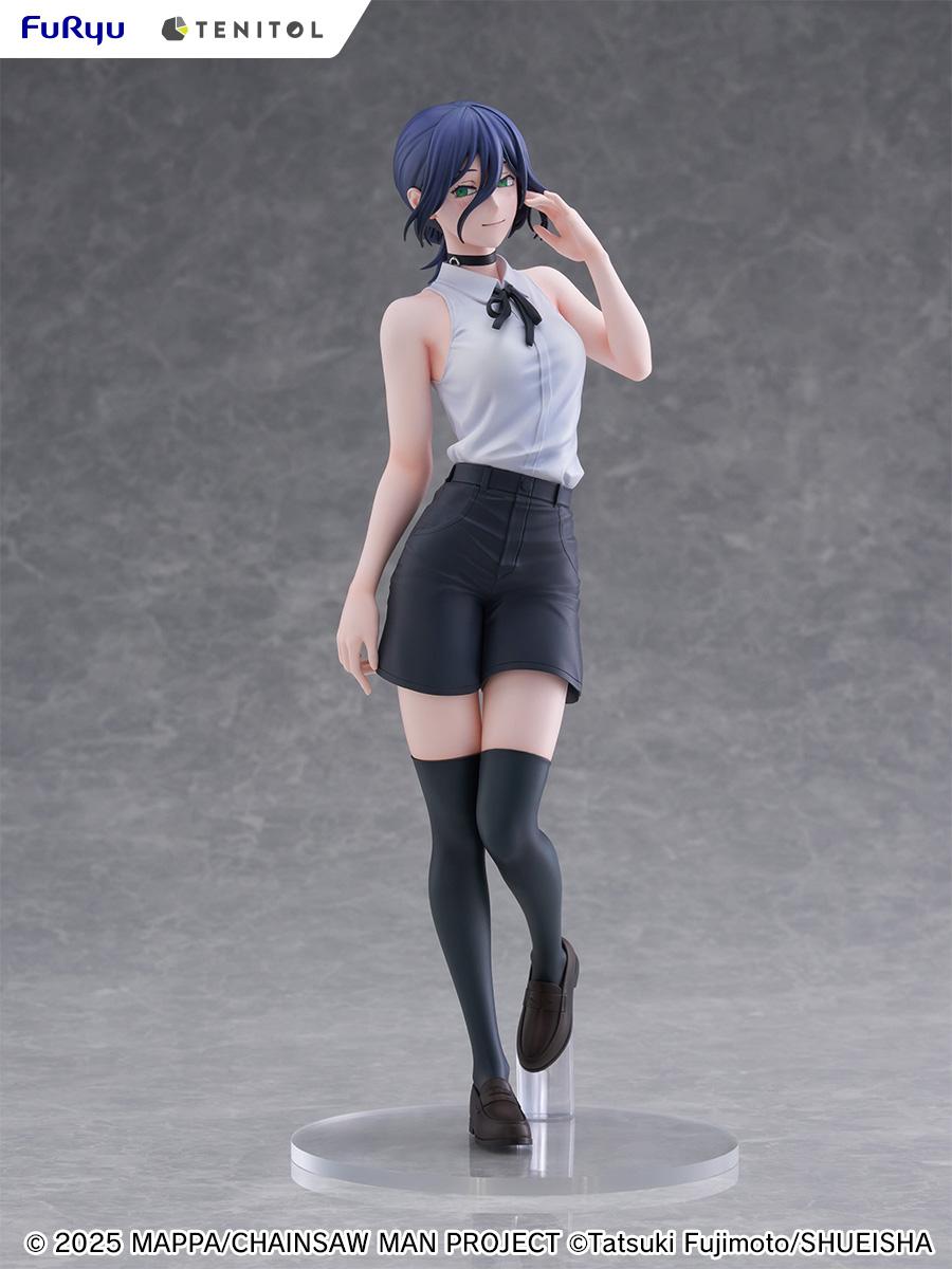 Studio front view of the 30cm Tenitol Tall Reze figure standing on a clear circular acrylic base, showing her signature pose touching her dark purple hair.
