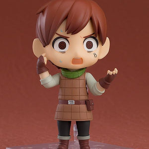 Close-up of the Chilchuck Nendoroid featuring his angry face plate with swirly eyes and frustrated hand gestures.
