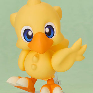 Final Fantasy Chocobo Nendoroid in a dynamic pose using the interchangeable kicking leg part and waving a wing.