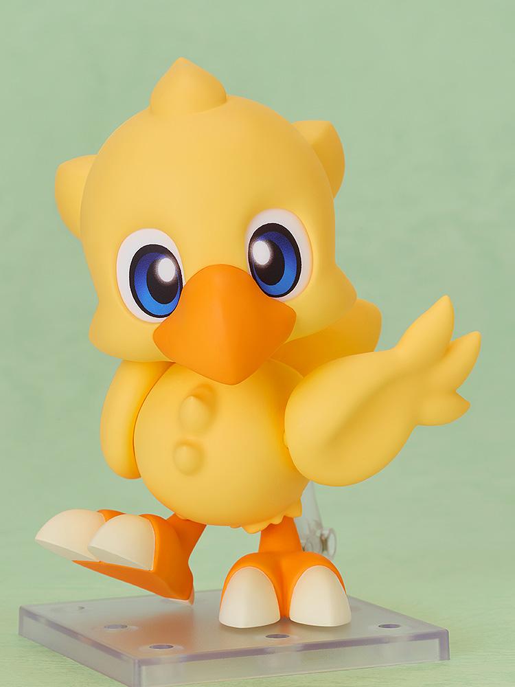 Final Fantasy Chocobo Nendoroid in a dynamic pose using the interchangeable kicking leg part and waving a wing.