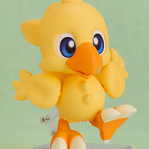 Chocobo Nendoroid posed as if running or jumping, supported by the included articulated display stand.