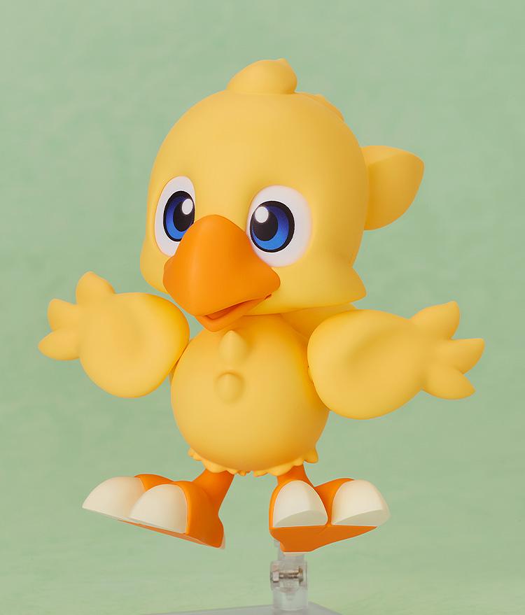 Chocobo Nendoroid figure with the surprised eye face plate and both wings spread out in a startled expression.