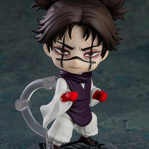 Combat stance pose of the Choso Nendoroid figure with blood markings over his eyes and raised fists wrapped in red blood effects.