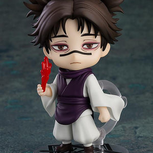Full body front view of the Choso reissue Nendoroid collectible figure on a clear circular display base showcasing his signature double-bun spiky hair and silent expression.