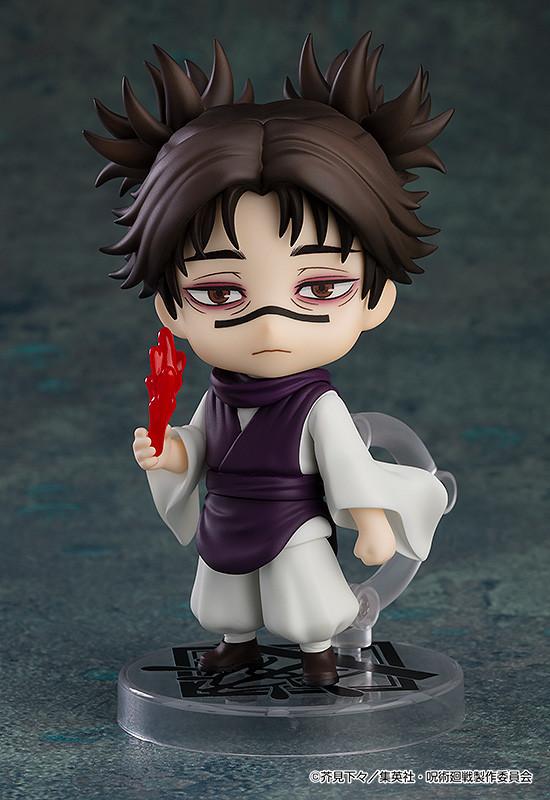 Full body front view of the Choso reissue Nendoroid collectible figure on a clear circular display base showcasing his signature double-bun spiky hair and silent expression.