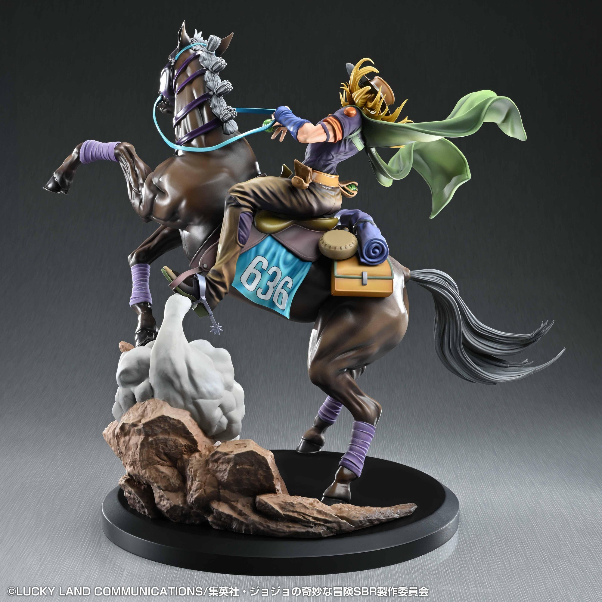 Full left side profile view of the Gyro Zeppeli & Valkyrie non-articulated figure, clearly displaying the racing number 636 on the saddle blanket and the horse's intricately braided mane.