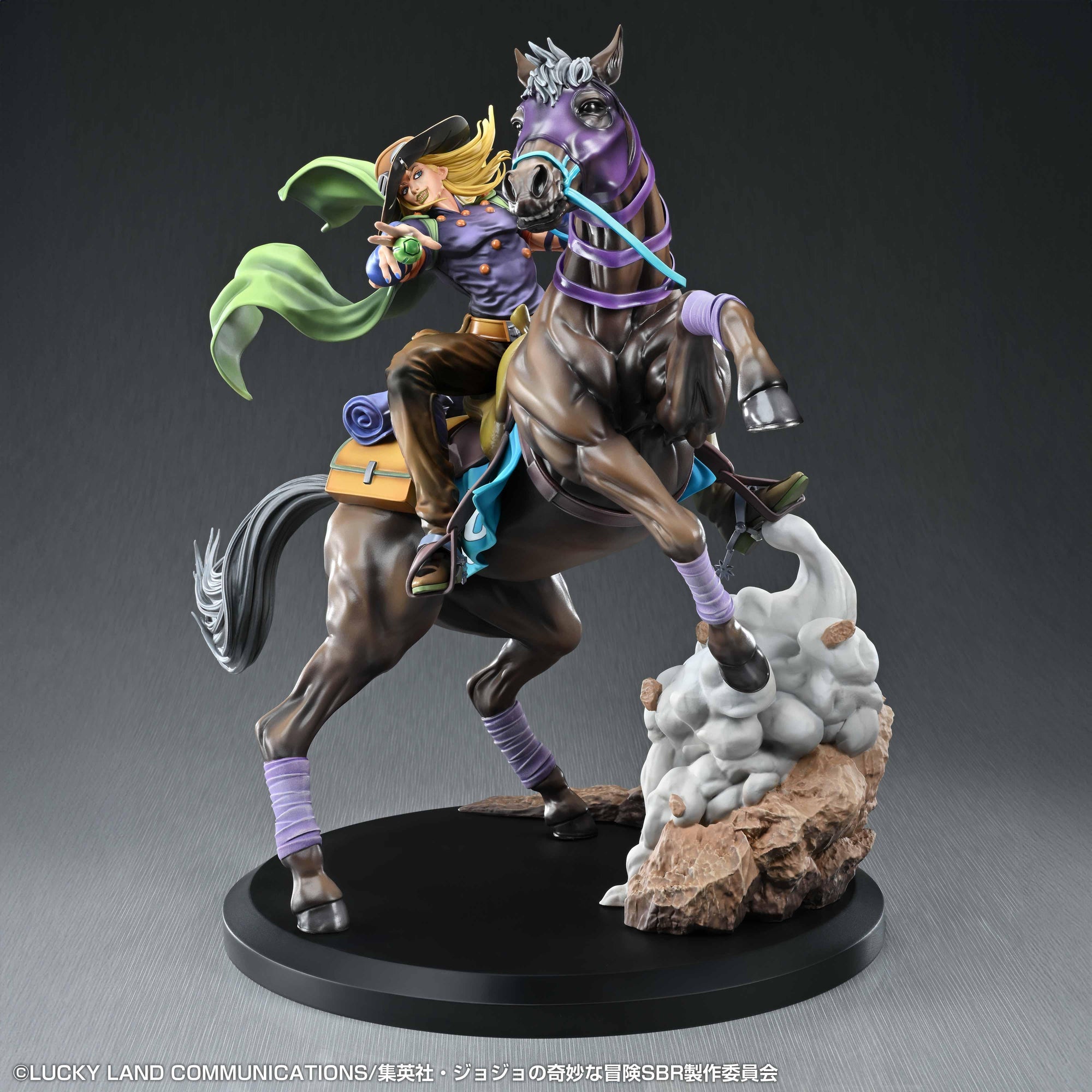 Front three-quarter studio shot of the highly detailed Gyro Zeppeli riding his horse Valkyrie figure, set against a dark grey gradient background.