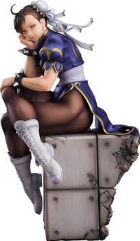 Full body 1/6 scale figure of Chun-Li sitting on a stone block based on Akiman's illustration.
