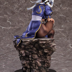 Rear view of Chun-Li statue showing hair ribbons, detailed stone base, and supple muscle sculpt.