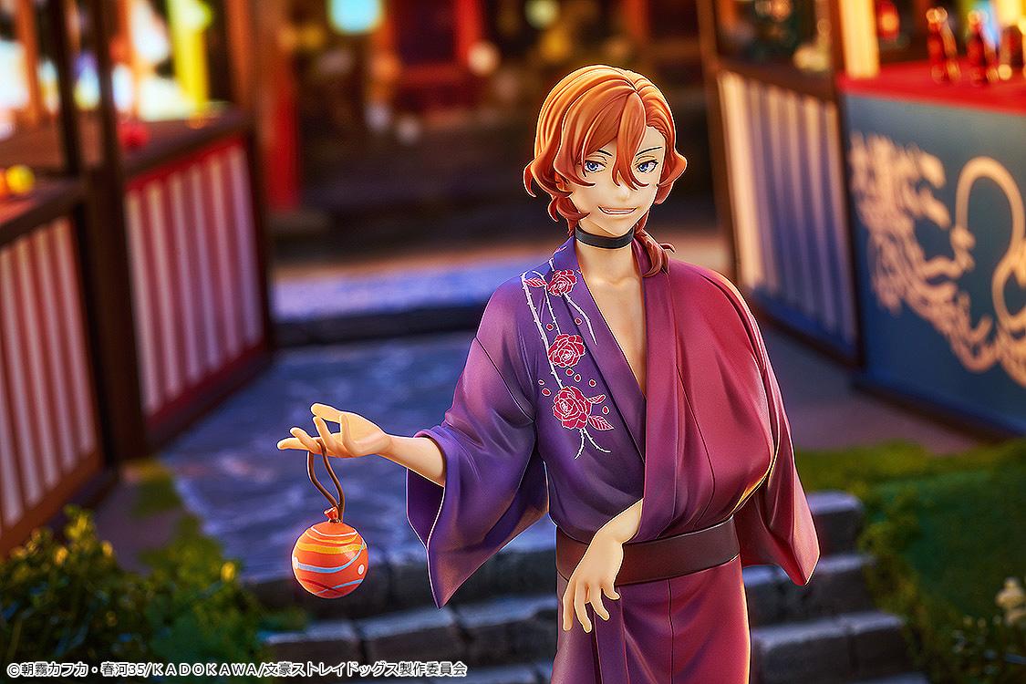 Close-up of Chuya Nakahara without his hat, highlighting his red hair and smiling expression in a festival setting.