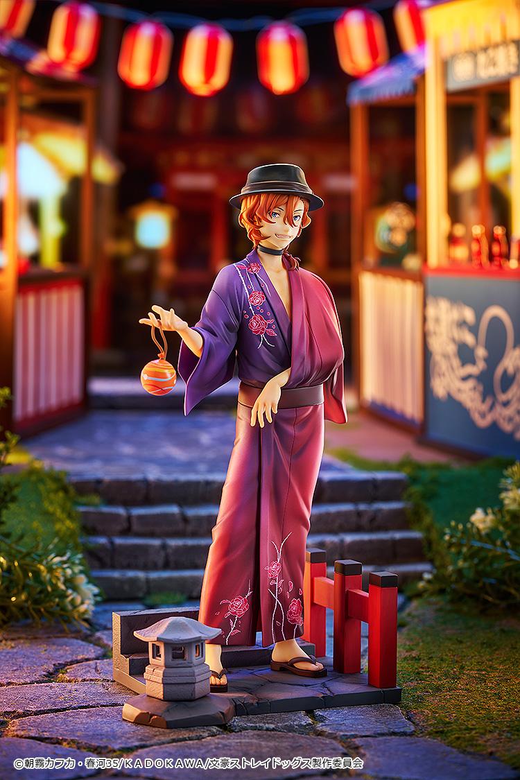 Mid-shot of Chuya Nakahara in his festival yukata against an atmospheric night festival backdrop.