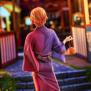 Rear view of Chuya Nakahara showing the detailed drape of the purple yukata and the festival-themed diorama base.