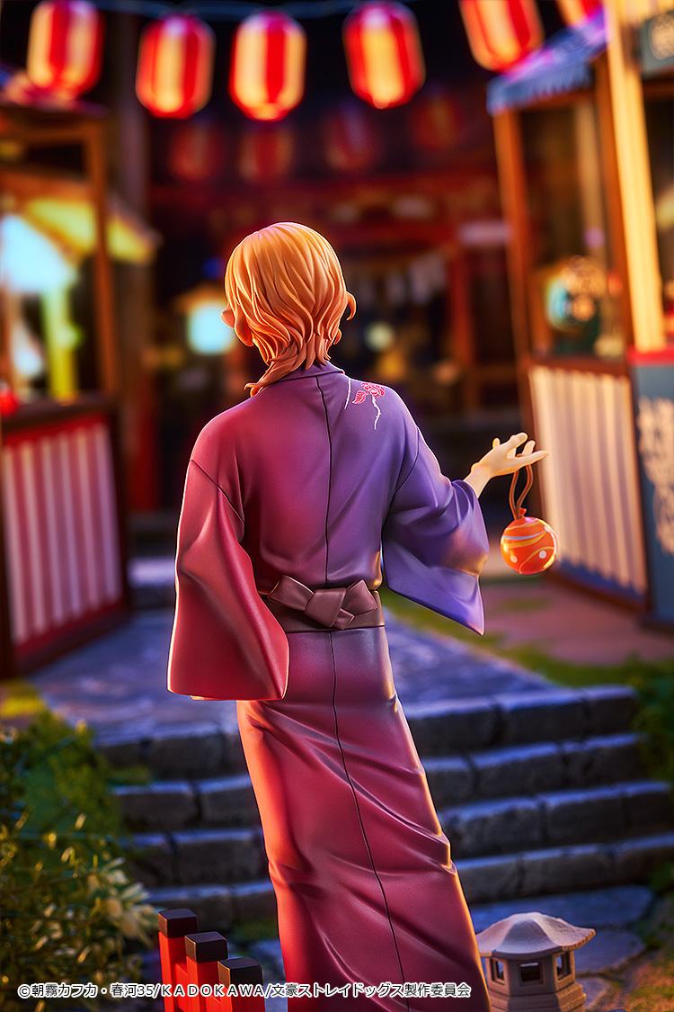 Rear view of Chuya Nakahara showing the detailed drape of the purple yukata and the festival-themed diorama base.