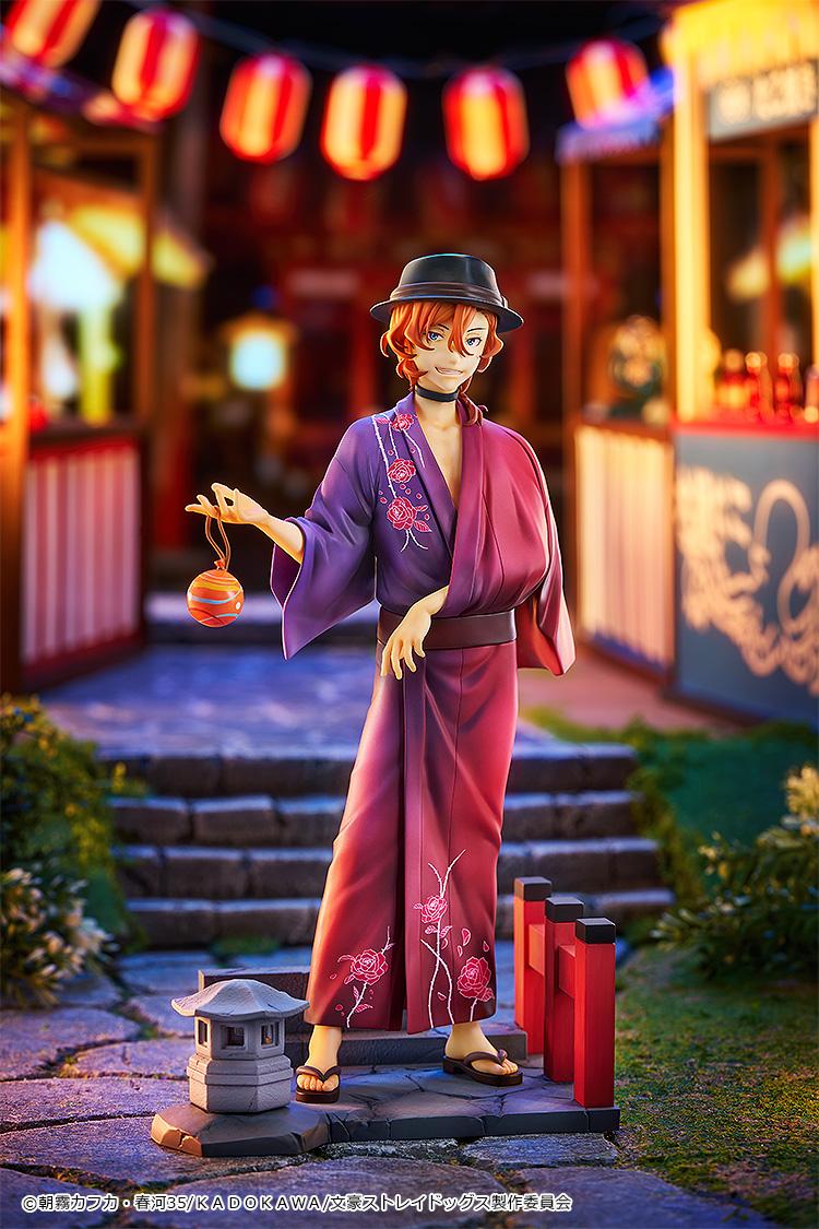 Chuya Nakahara yukata figure posed in a vibrant Japanese summer festival setting with lanterns and street stalls.