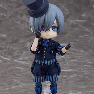 Ciel Phantomhive Nendoroid Doll revealing Faustian contract seal purple eye with gloved hand and top hat.