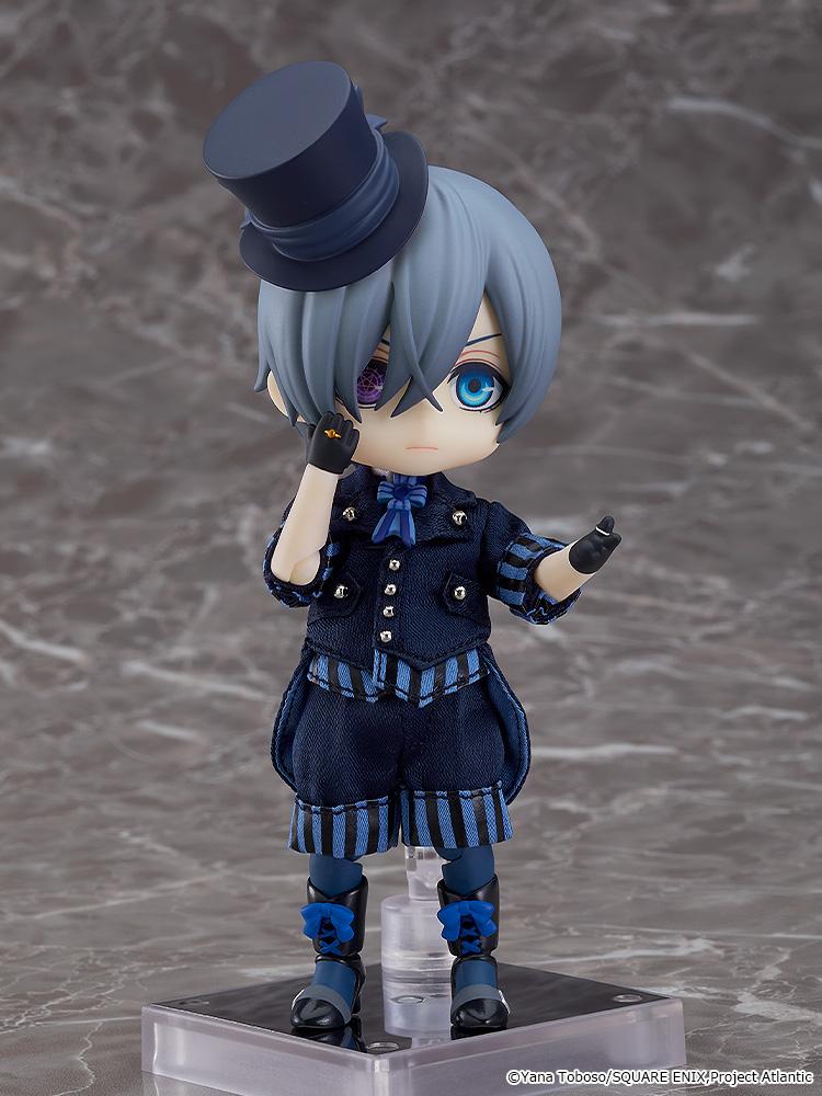 Ciel Phantomhive Nendoroid Doll revealing Faustian contract seal purple eye with gloved hand and top hat.