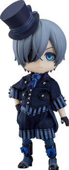 Isolated full body front shot of Ciel Phantomhive Nendoroid Doll in complete blue Book of the Atlantic outfit.