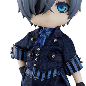 Isolated full body front shot of Ciel Phantomhive Nendoroid Doll in complete blue Book of the Atlantic outfit.