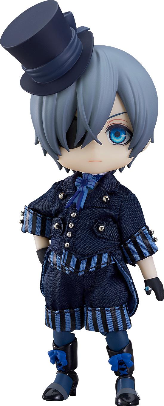 Isolated full body front shot of Ciel Phantomhive Nendoroid Doll in complete blue Book of the Atlantic outfit.