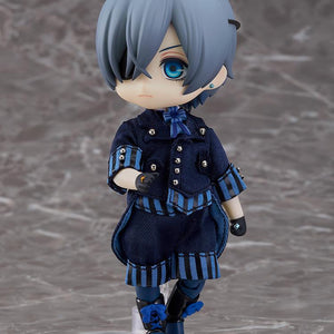 Ciel Phantomhive Nendoroid Doll displayed without top hat wearing blue striped aristocrat coat and shorts on clear support stand.