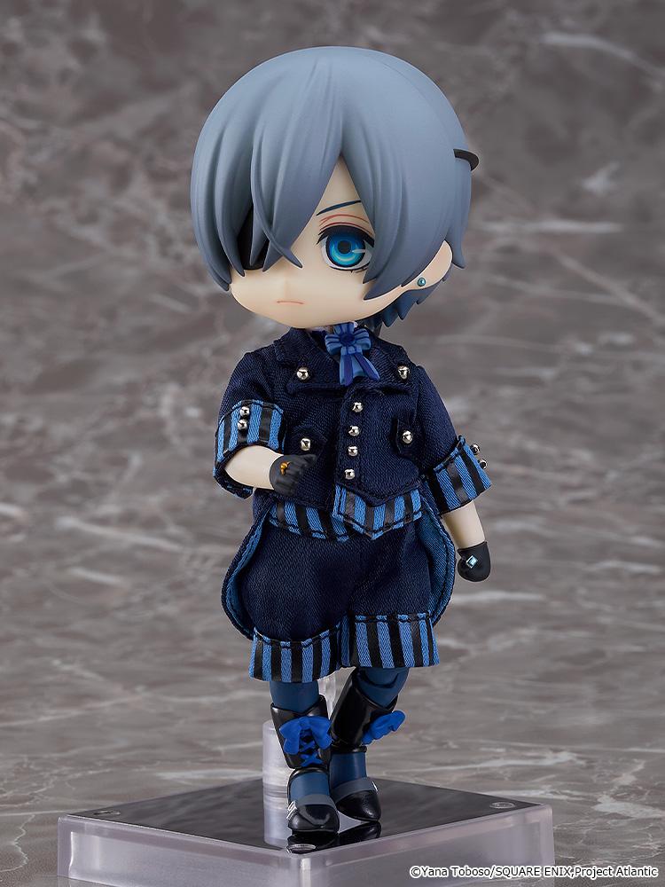 Ciel Phantomhive Nendoroid Doll displayed without top hat wearing blue striped aristocrat coat and shorts on clear support stand.