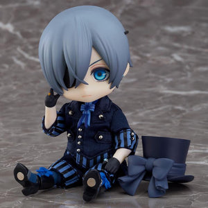 Black Butler Ciel Phantomhive Nendoroid Doll sitting on floor with top hat beside him showing magnetic boot soles.