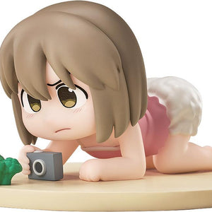 CITY THE ANIMATION Mini Memory Niikura chibi figure crawling on a circular base holding a toy camera in front of a broccoli floret against a white background.