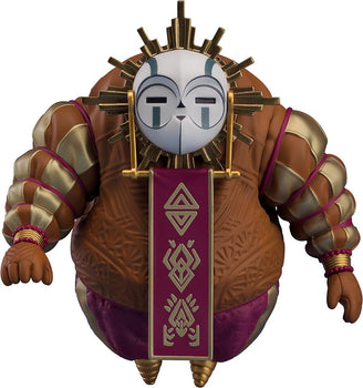 Front view of the large, round Clair Obscur: Expedition 33 Esquie Nendoroid figure on a white background, featuring a white theatrical mask, a gold sunburst halo, and a maroon banner with gold symbols hanging down the front.