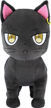 Close-up front view of the Good Smile Company Claude black cat plushie from The Classroom of a Black Cat and a Witch showing embroidered yellow eyes