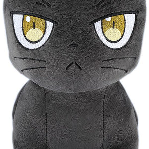 Close-up front view of the Good Smile Company Claude black cat plushie from The Classroom of a Black Cat and a Witch showing embroidered yellow eyes