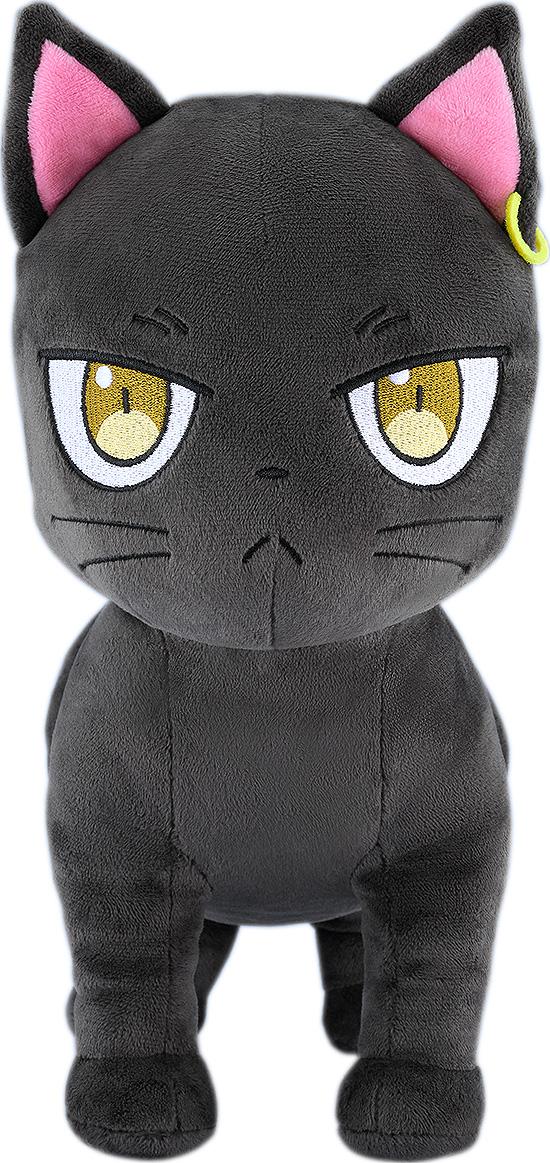 Close-up front view of the Good Smile Company Claude black cat plushie from The Classroom of a Black Cat and a Witch showing embroidered yellow eyes