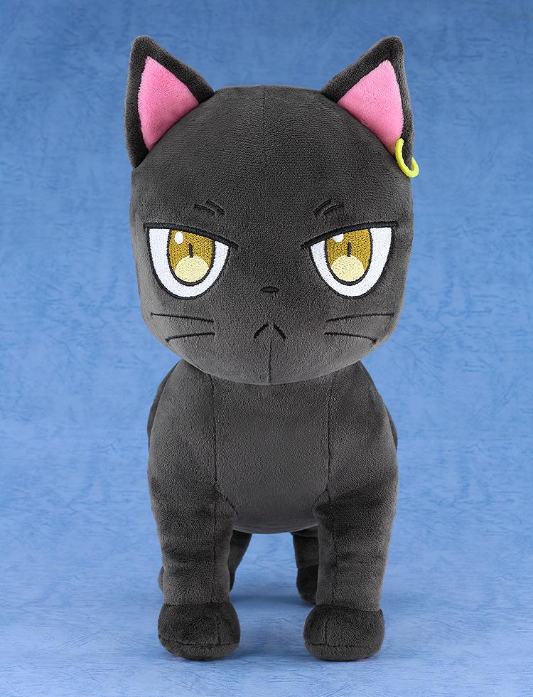 Full standing front view of the Claude black cat anime plushie on a textured blue studio background