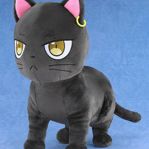 Three-quarter side angle view of Good Smile Company's Claude black cat plushie displaying its standing pose and tail