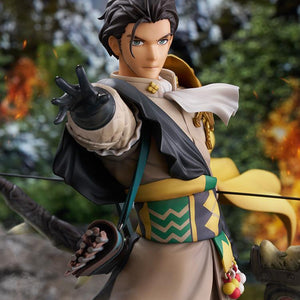 Close-up portrait shot of Claude von Riegan figure in battle diorama with glowing ember effects in background.