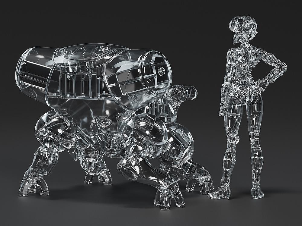 Rear view of the translucent clear plastic Fuchikoma spider tank and posable Motoko Kusanagi model kit, showcasing transparent interior mechanics.