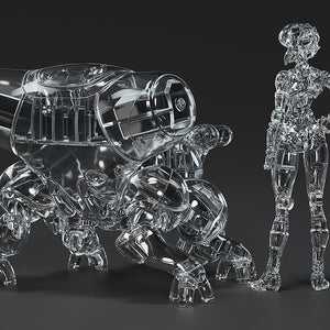 Rear view of the translucent clear plastic Fuchikoma spider tank and posable Motoko Kusanagi model kit, showcasing transparent interior mechanics.