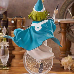 Rear angle of the Coco figure in a magic workshop setting, emphasizing her pose as she sits floating above a golden magic array disc.
