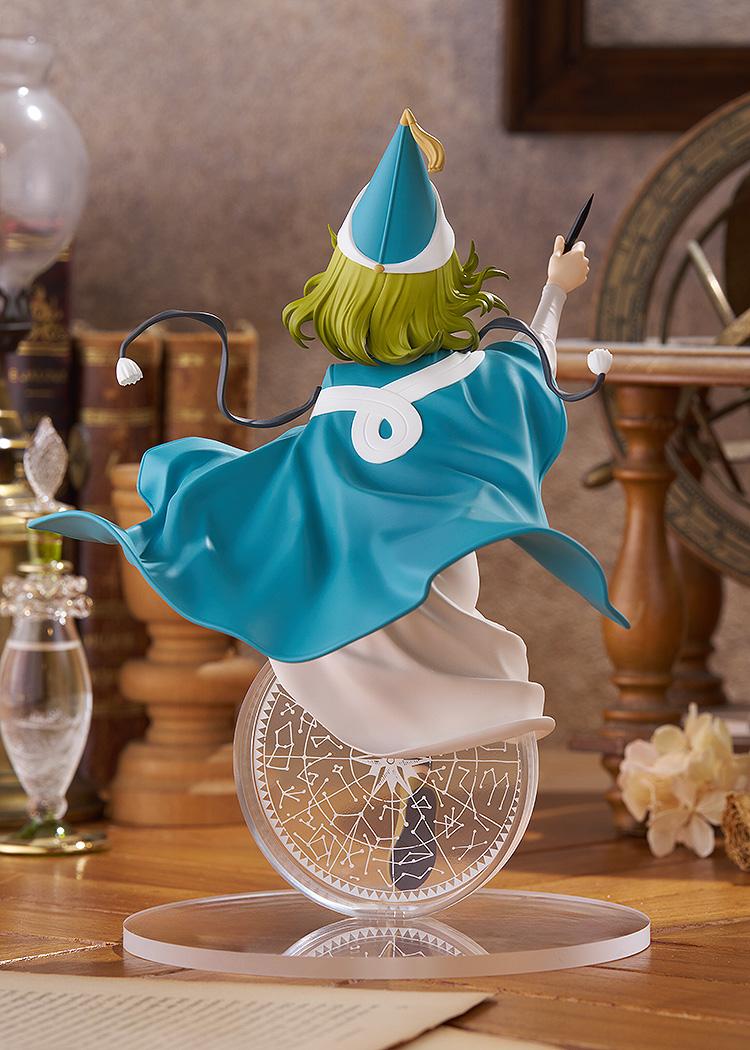 Rear angle of the Coco figure in a magic workshop setting, emphasizing her pose as she sits floating above a golden magic array disc.