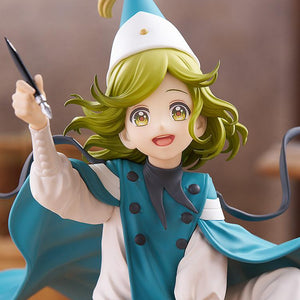 Detailed portrait shot of the Good Smile Company Coco figure, focusing on her cheerful smiling face, wavy green hair, and signature pointed white witch hat.