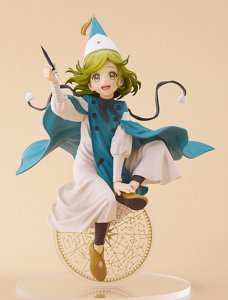 Full-body studio shot of the Coco anime figure floating above a clear magic circle display base against a solid light beige background.