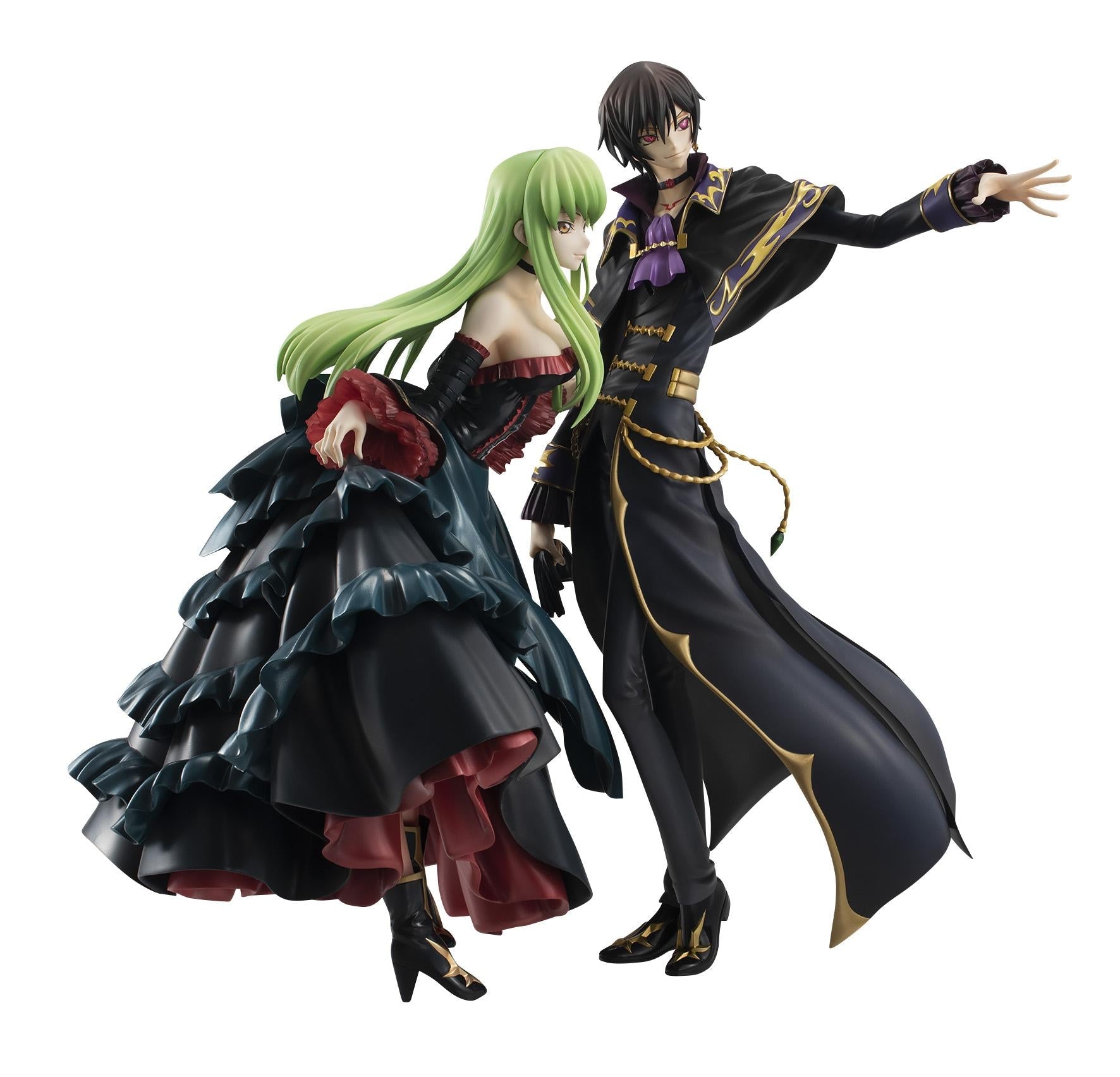 Front view of C.C. and Lelouch with C.C.'s veil removed, showcasing her long lime-green hair and the detail of her black bodice.