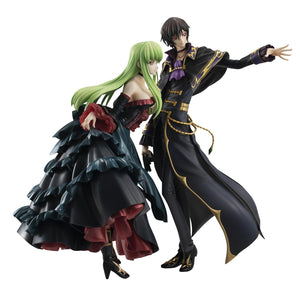 Front view of C.C. and Lelouch with C.C.'s veil removed, showcasing her long lime-green hair and the detail of her black bodice.