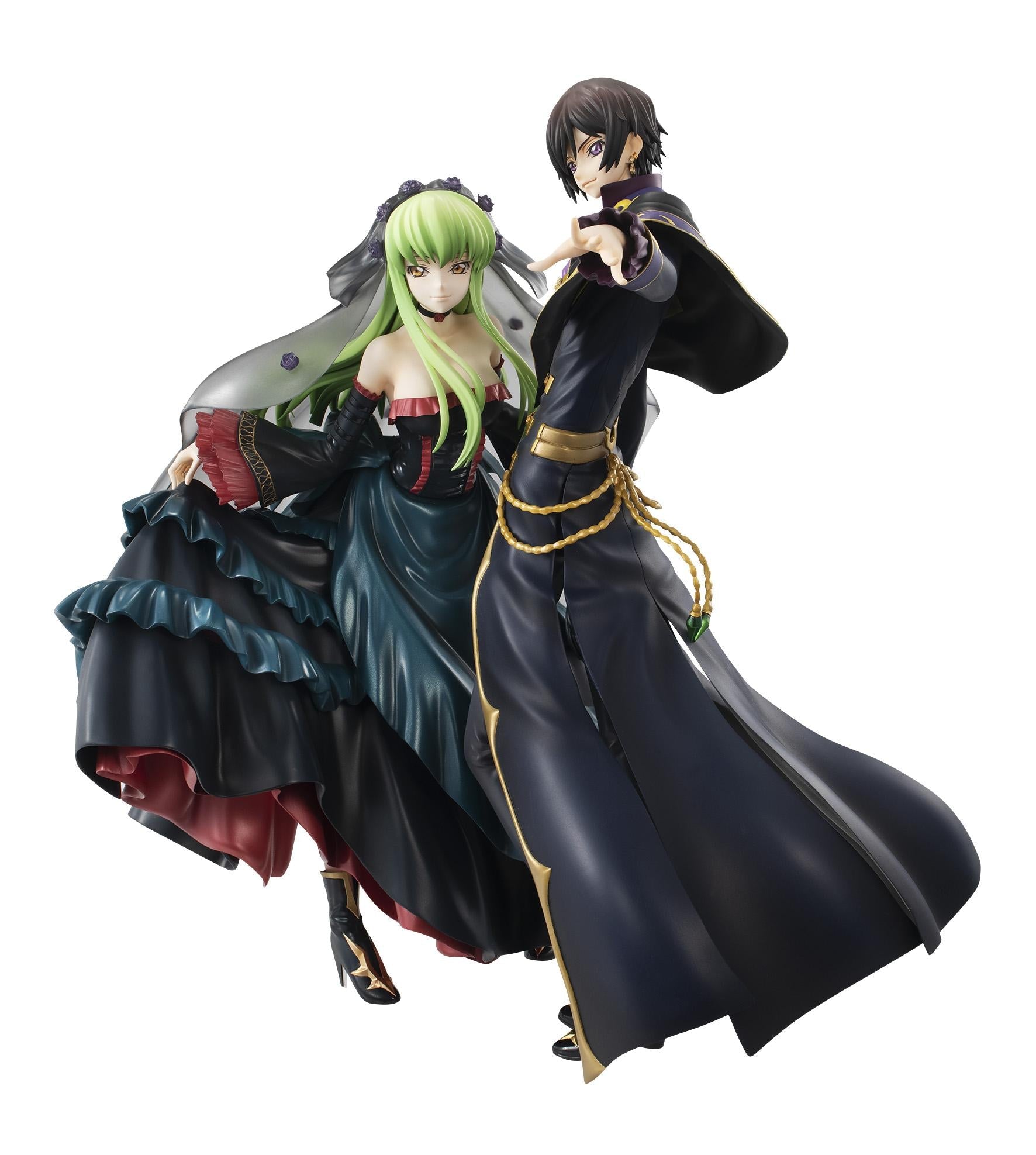 A close-up front view of the Lelouch and C.C. figure set highlighting character designer Takahiro Kimura's supervised sculpting.